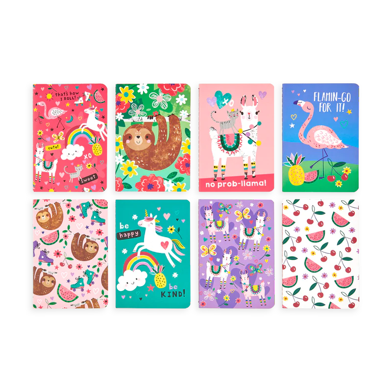 set of 8 unicorn, llama, sloth, flamingo pocket journals
